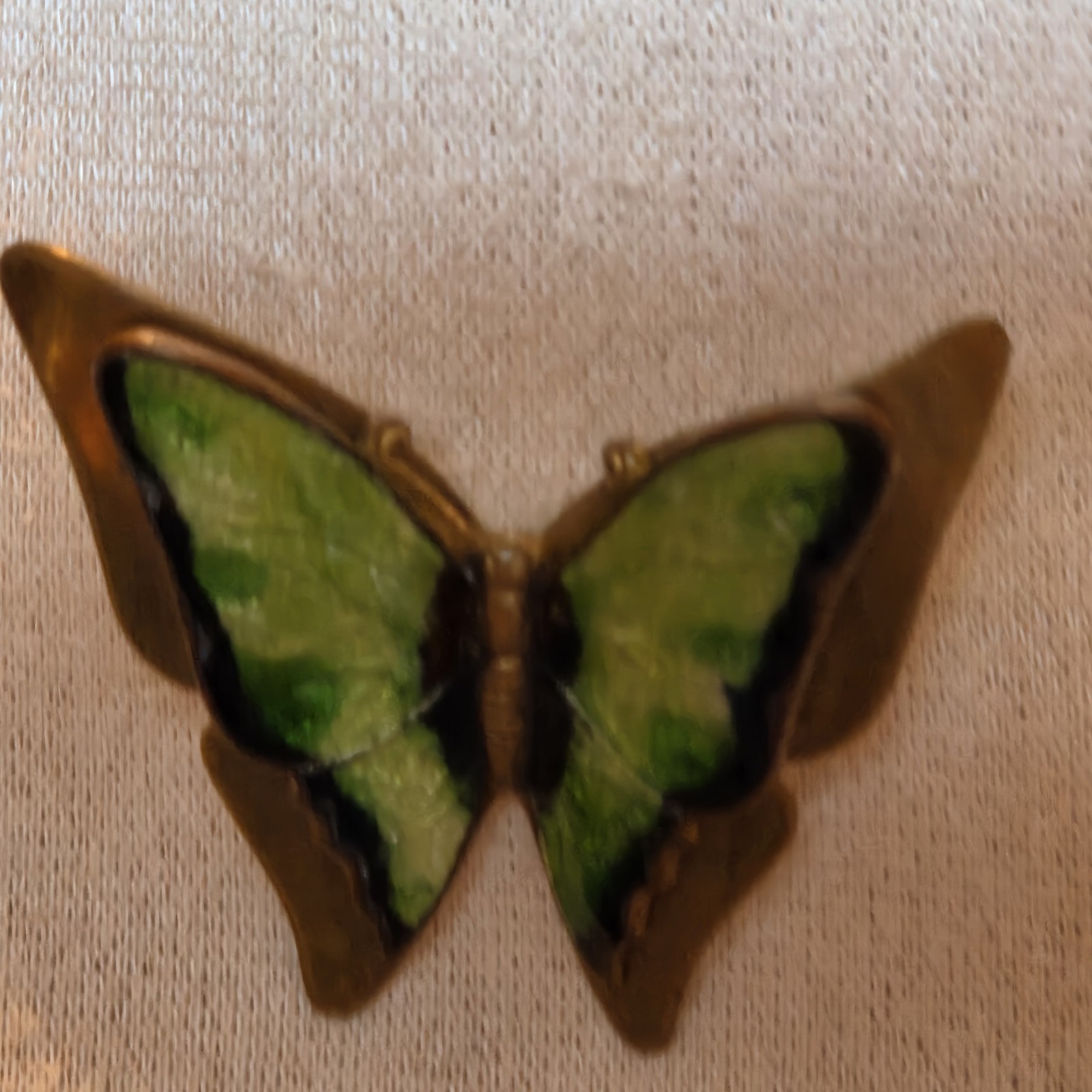 Vintage Green Enamel Butterfly Brooch With Brass-tone Frame.