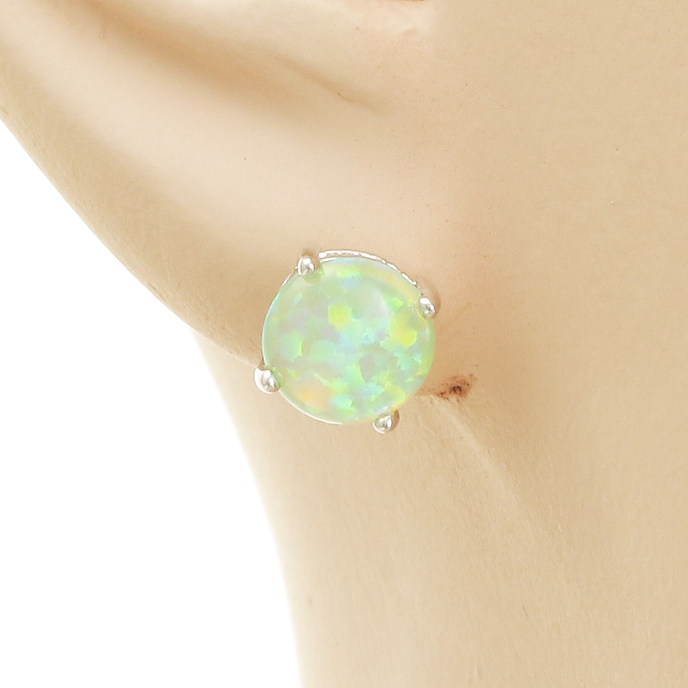8mm Round Kiwi Green Fire Opal Cabochon Silver Jewelry Simple Stud Earrings
