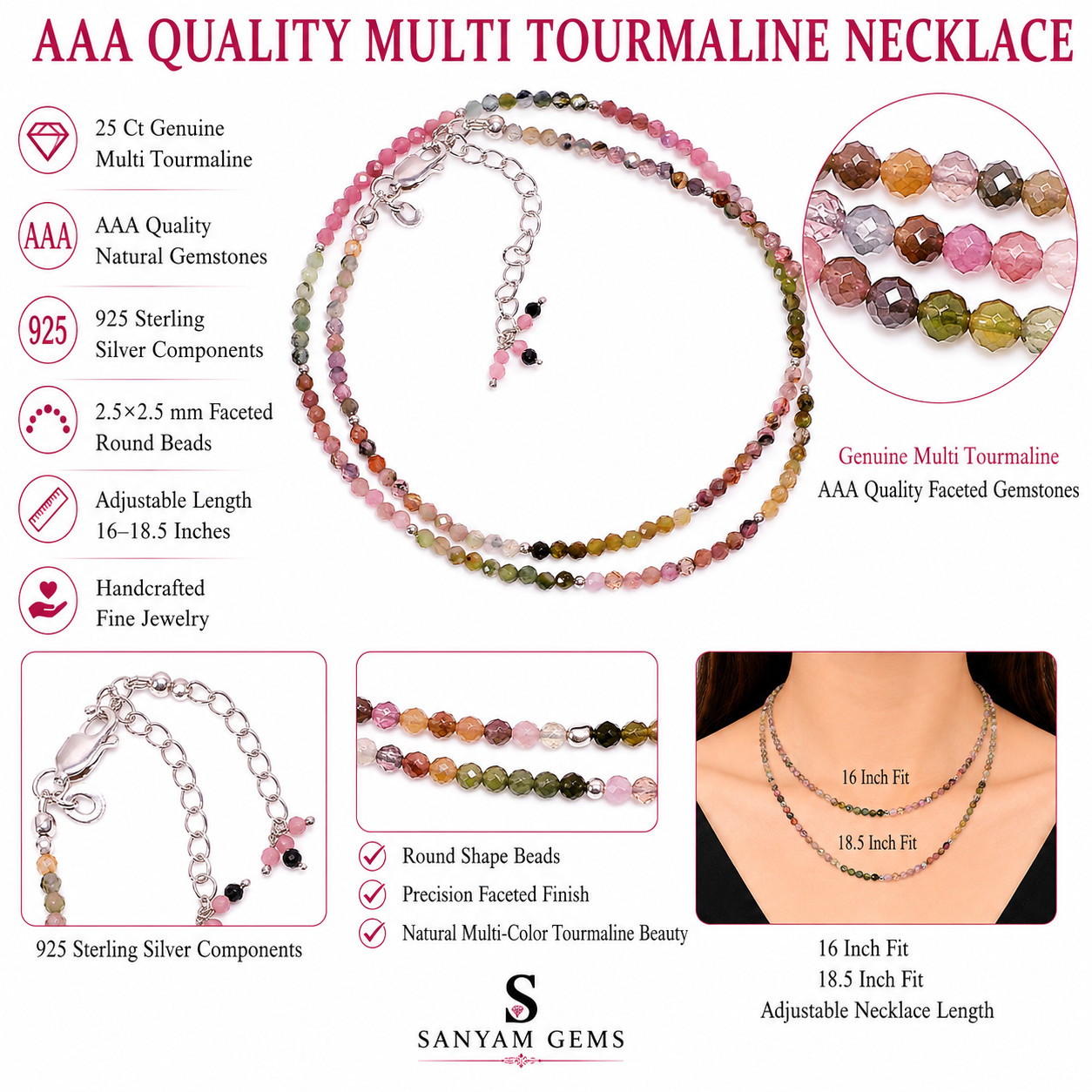 Natural Multi Tourmaline 925 Sterling Silver Beads Necklace 16-18.5″ P-931