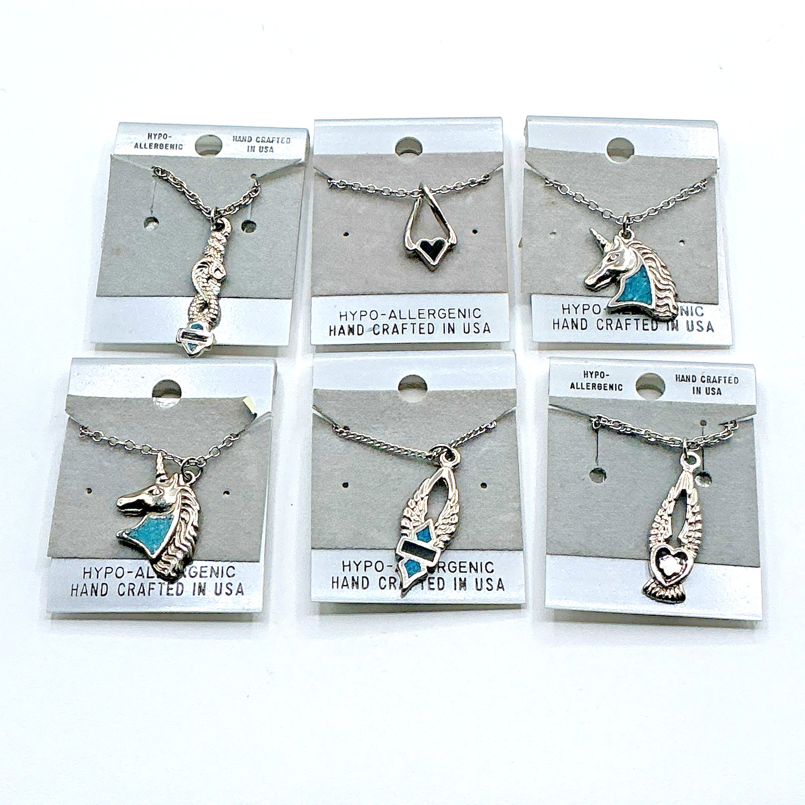 Vtg Silver Tone 18” Necklace Lot of 6 Hand Crafted In USA Heart Unicorn Snake