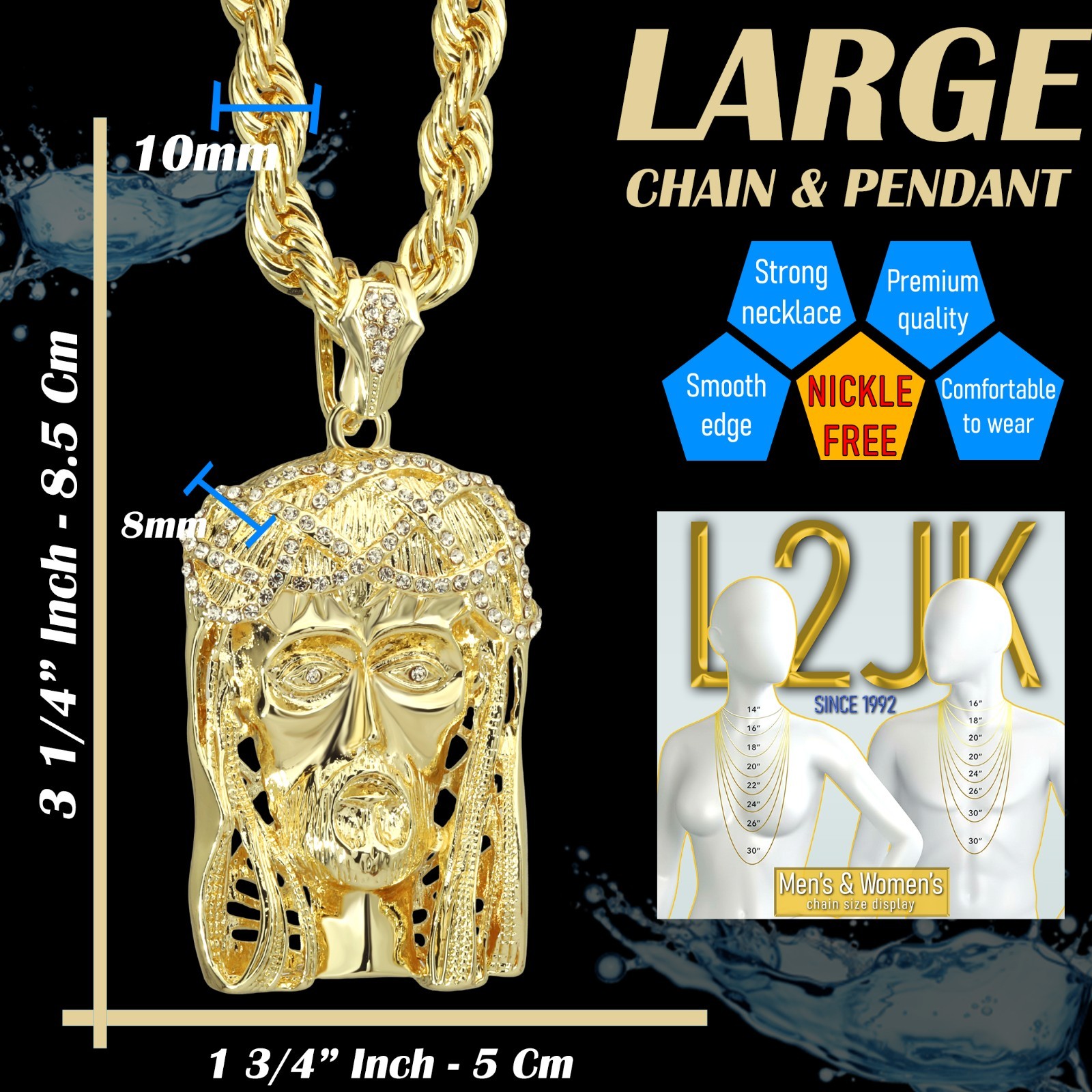 14K Rope Chain 10mm 20″ & 24″In | Large Crowned Jesus Piece Gold Plated Hip Hop