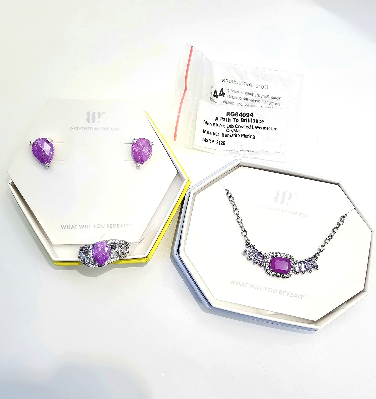 Bomb Party BP Jewelry Bundle – Necklace, Earrings, Ring Size 6 – Lavender Ice