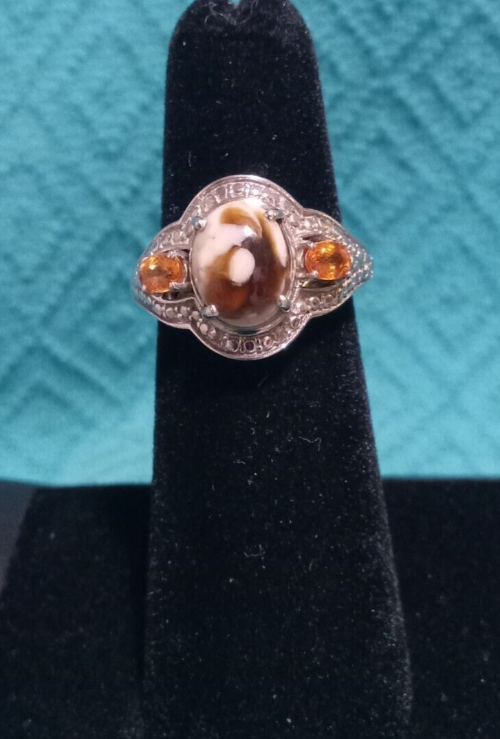 STS Brown-Tan Agate and 2Ambar Gemstone 925 Sterling Silver Ring 5-1/2 (#0037)