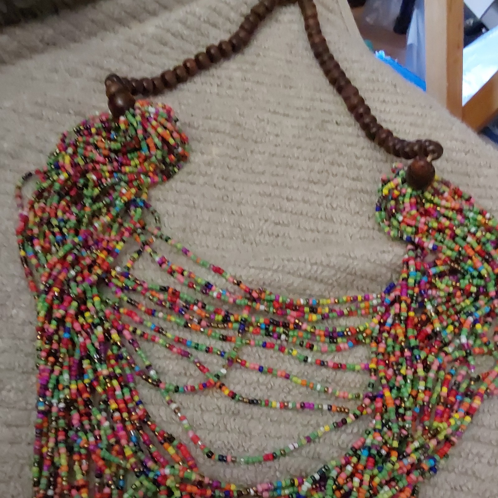 Multicolor Multi-Strand Beaded Bib Statement Necklace Glass Wood Bohemian