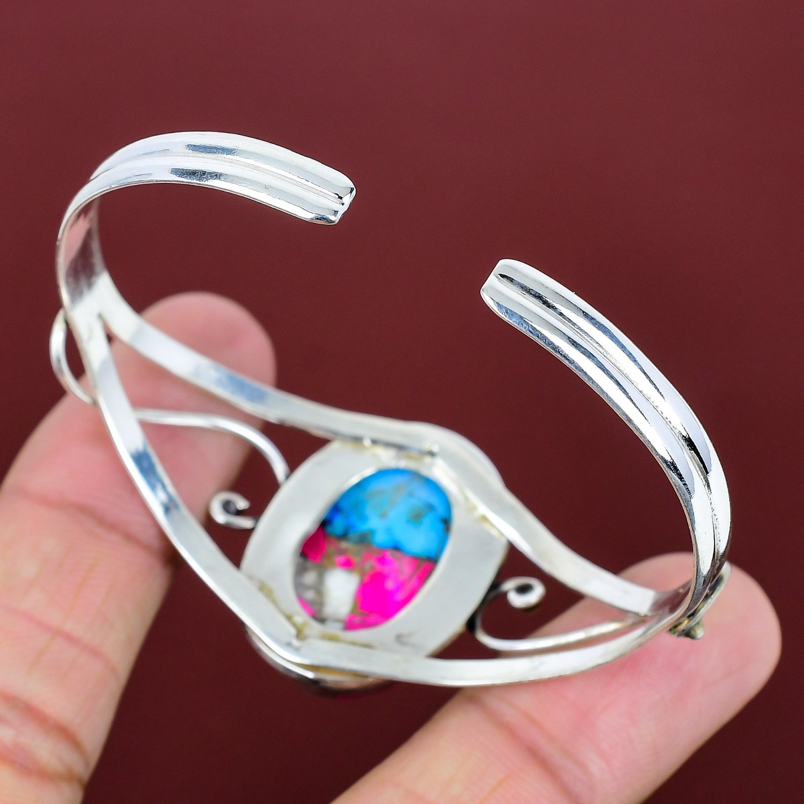 Cotton Candy Turquoise Gemstone 925 Sterling Silver Adjustable Cuff Bracelet