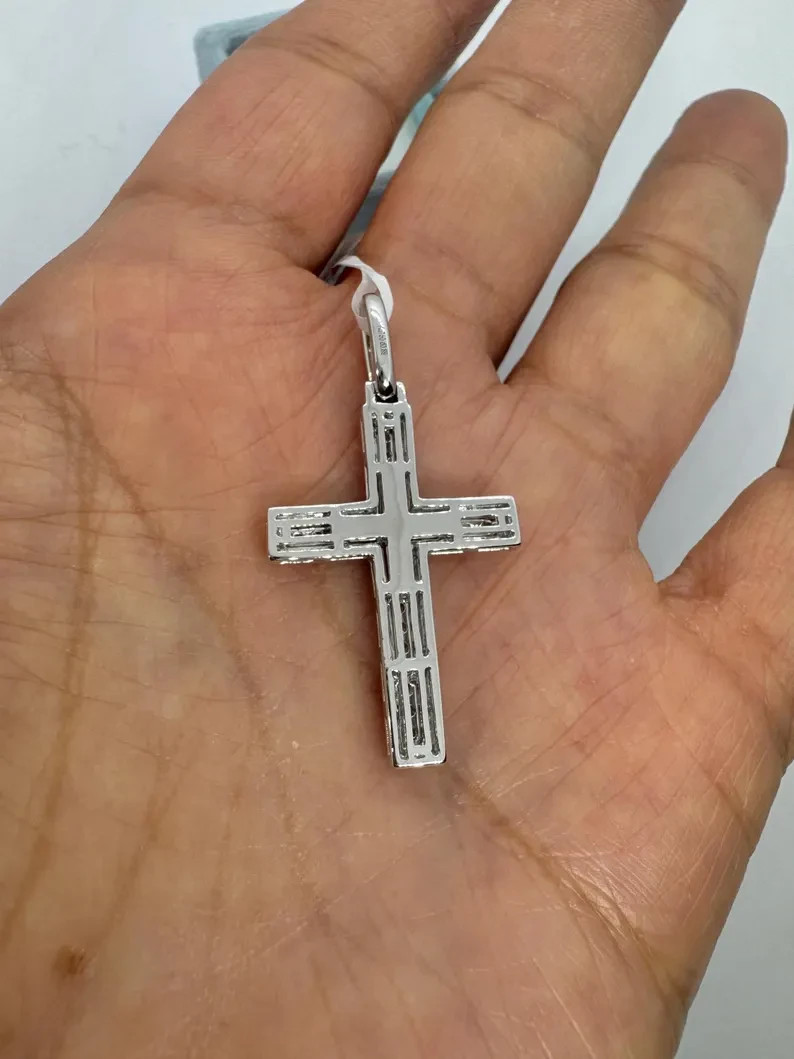 0.89Ct Round Cut Moissanite Cross Square Pave Set Pendant 14K White Gold Plated