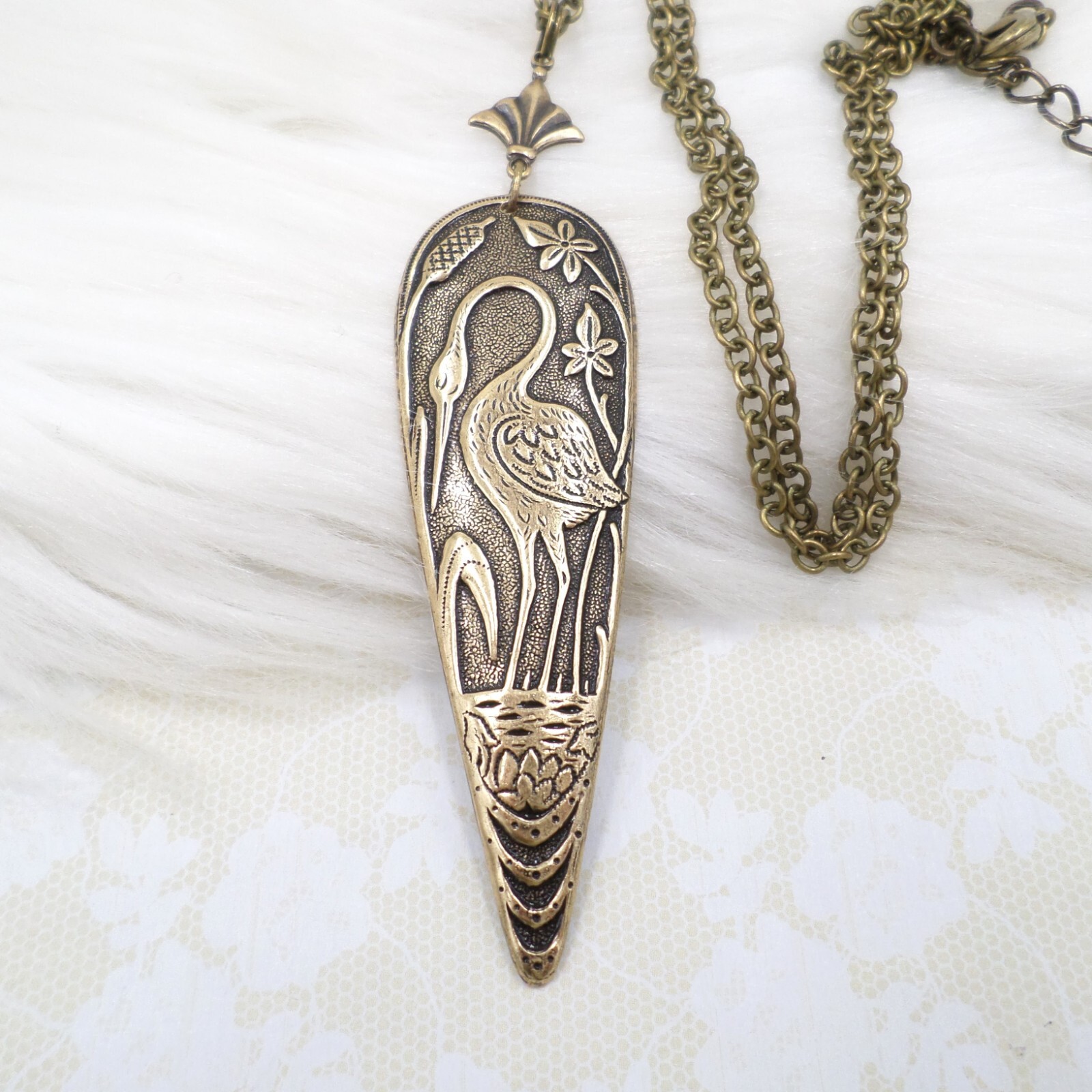 Antique Brass Heron Crane Pendant Necklace, Art Nouveau Bird Lover Gift Idea