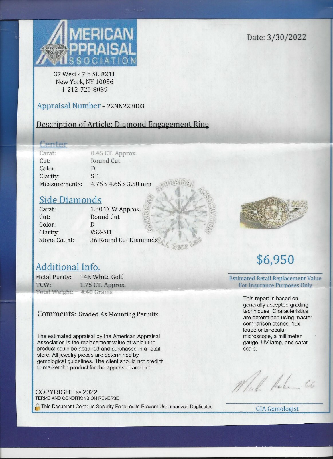 F.D 1.10 Carat 14K Gold Diamond Engagement Ring Center=.40 F-SI2 Value=$6,950