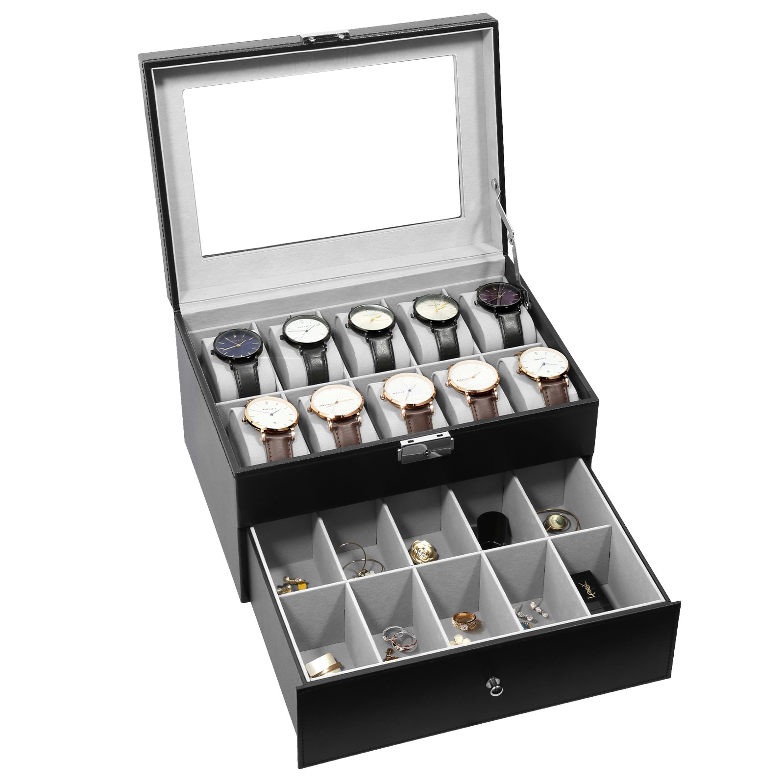 20 Slots Watch Box PU Leather Watch Case Lockable Jewelry Storage Display Case