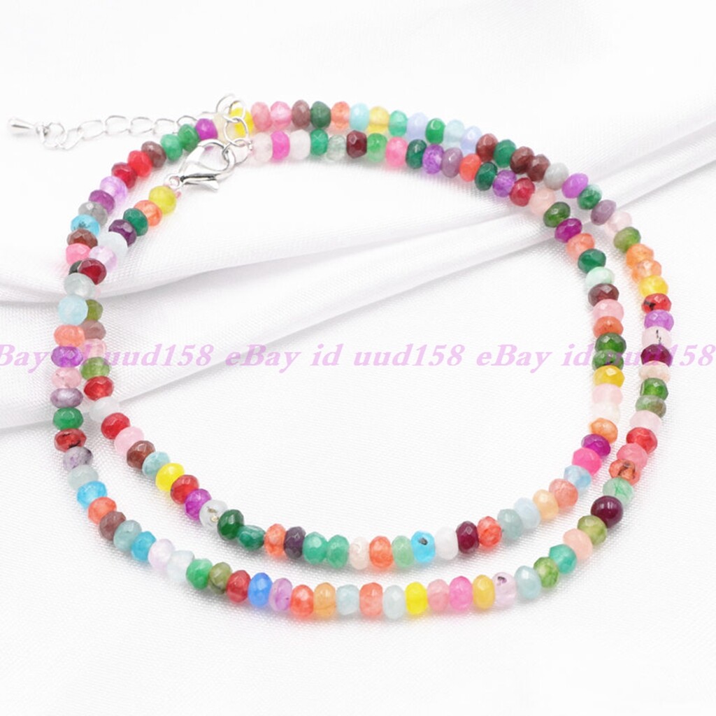 Natural 2x4mm Faceted Multicolor Jade Roundelle Gems Necklace 18″ Silver Clasp