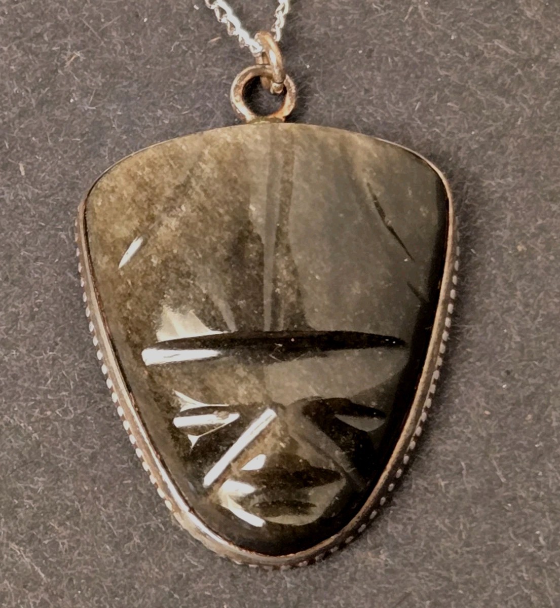 ANTIQUE Black Tiger Eye Carved Tiki Stone w/ Sterling Silver Edging & 18″ Chain