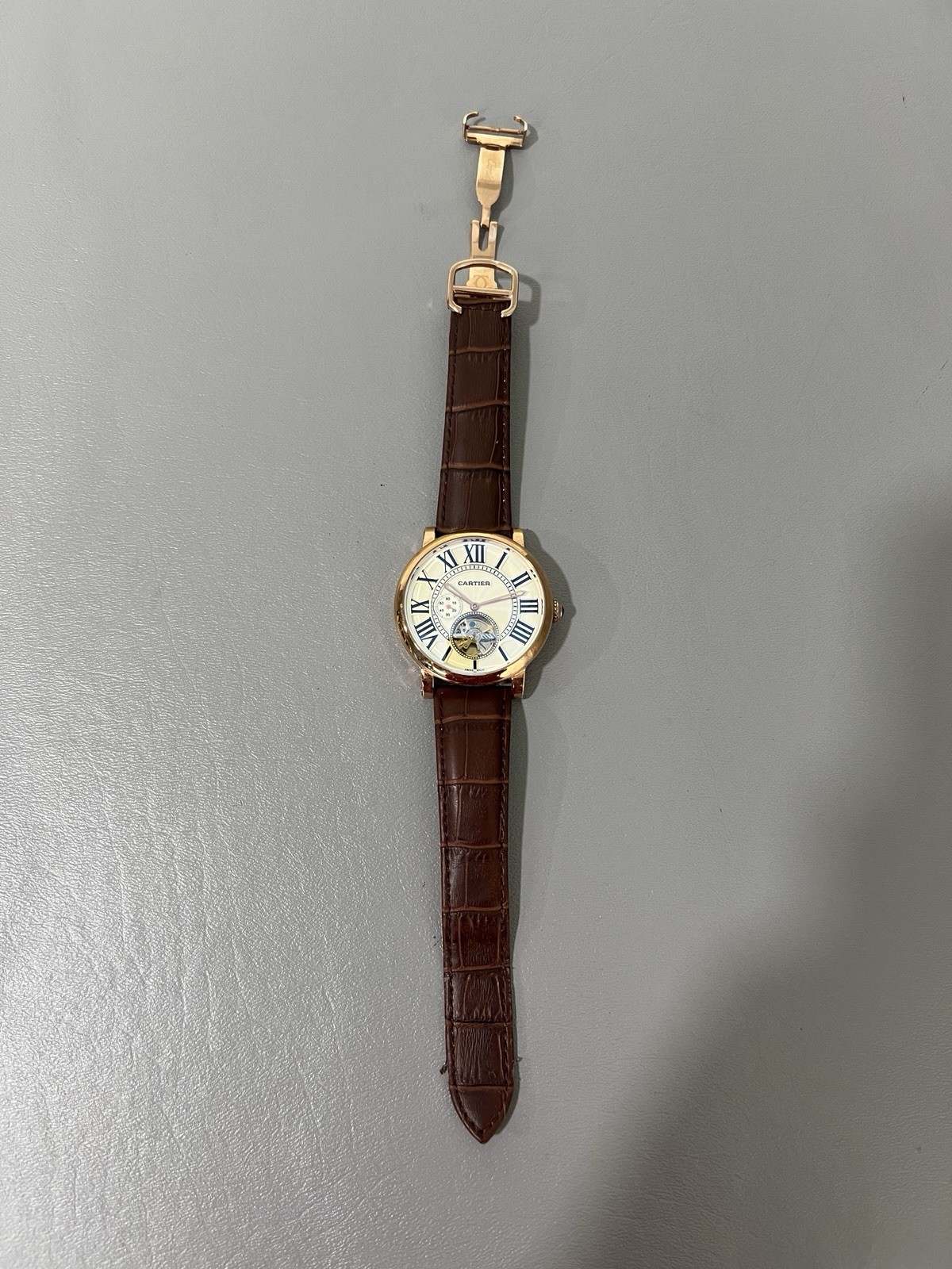 Cartier Mens Automatic Business Casual Watch Brown Leather Strap Rose Gold