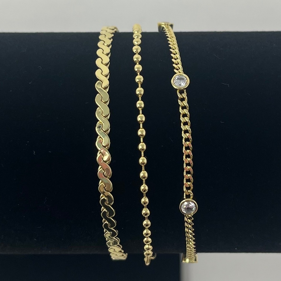 Pavoi Gold Tone Bracelet Set 3 Piece Layering Chains Cubic Zirconia Bezel