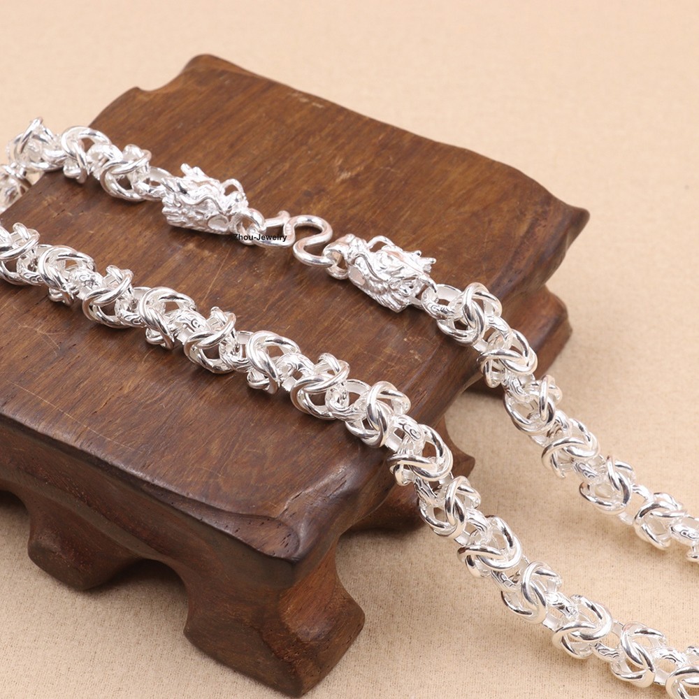 Real S999 Fine Silver Necklace 6.5mm Byzantine Link Chain with Dragon Head