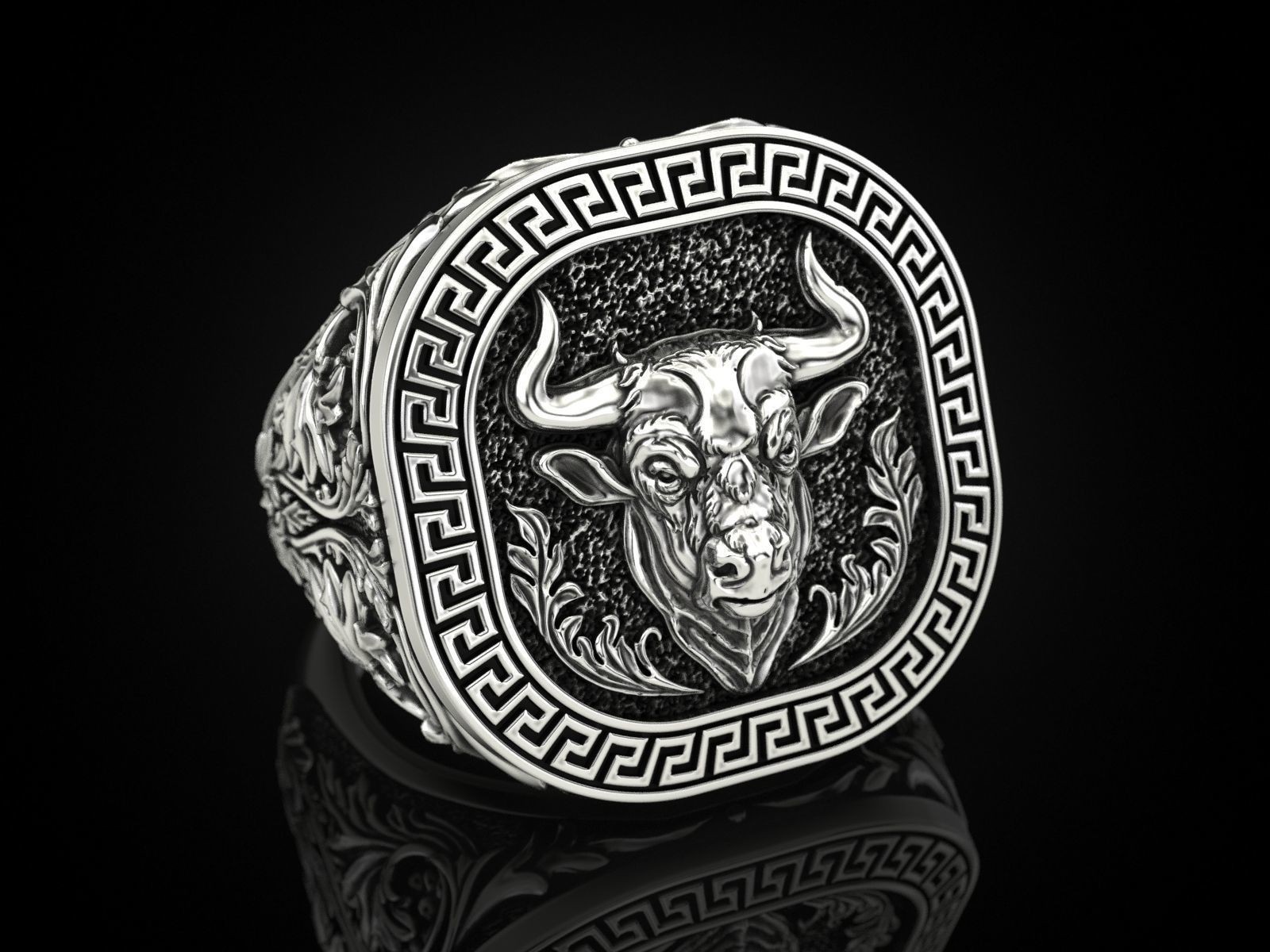 Oxidized Men’s Greek Ornament Pattern Bull 925 Sterling Silver Statement Rings