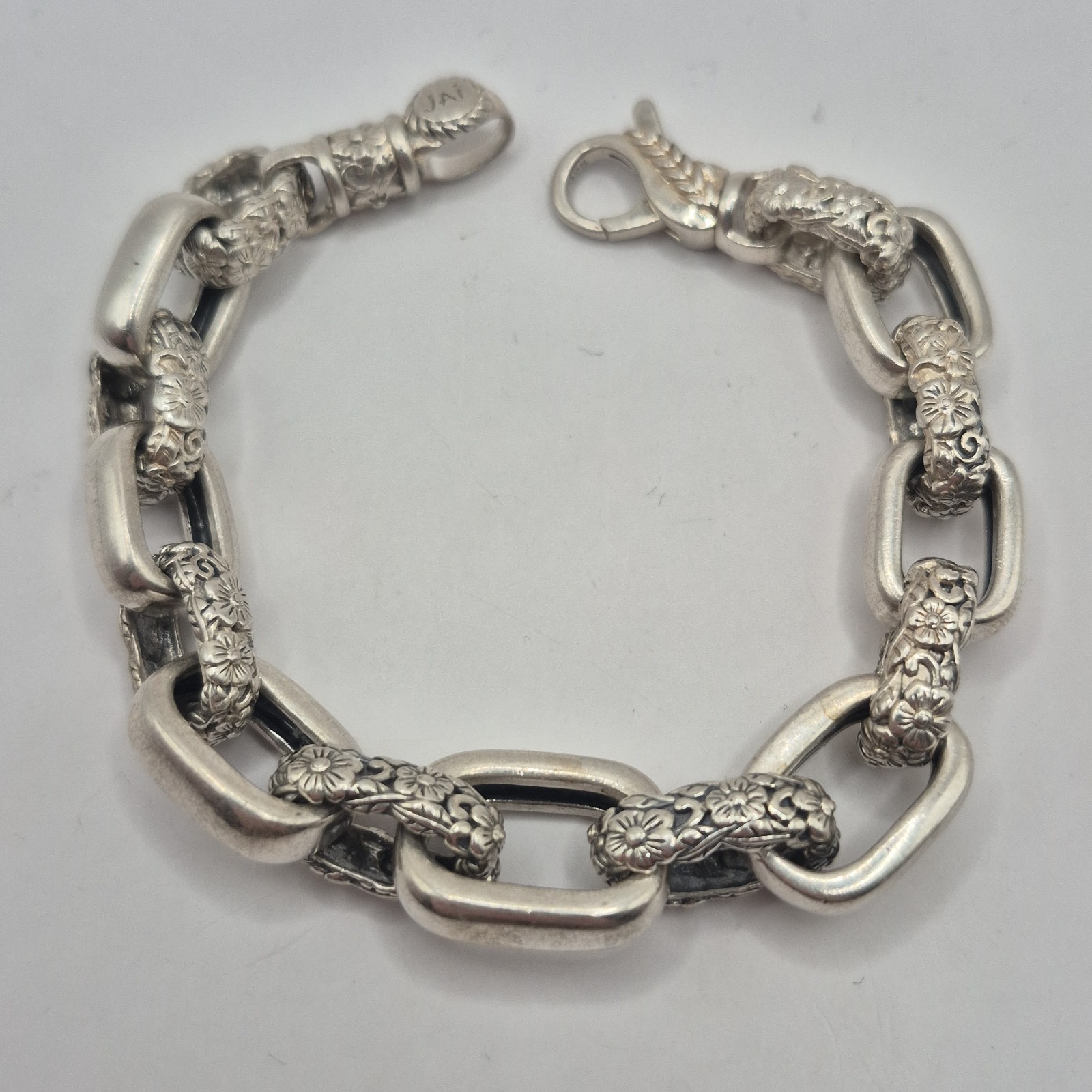 JAI Sterling Silver Chain Curb Link 44g Floral Link Motif Bracelet 925 6.75″
