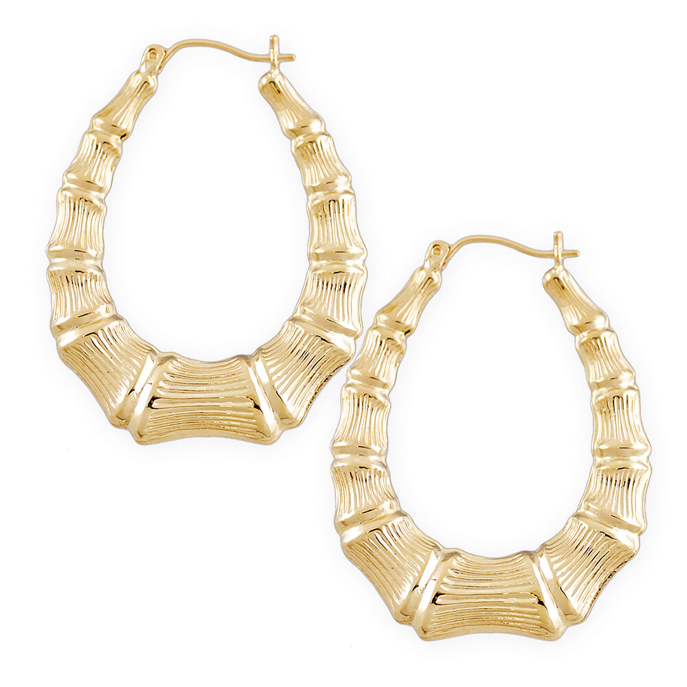 10K Real Gold Door Knocker Hollow Oval Drop Bamboo Earrings 1 1/4 Inch Wide