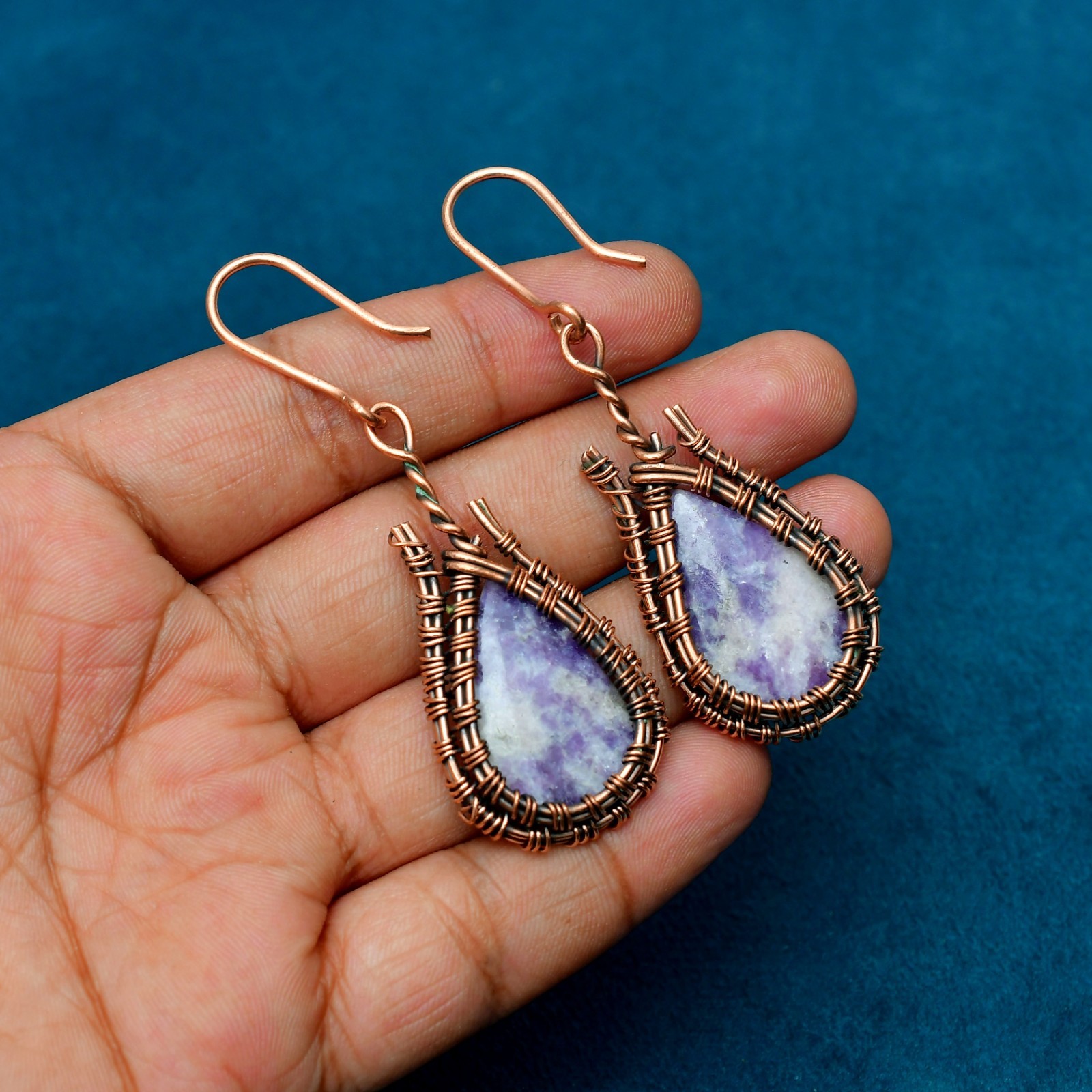 Lepidolite Gemstone Handmade Copper Ethnic Jewelry Earrings 2.67″