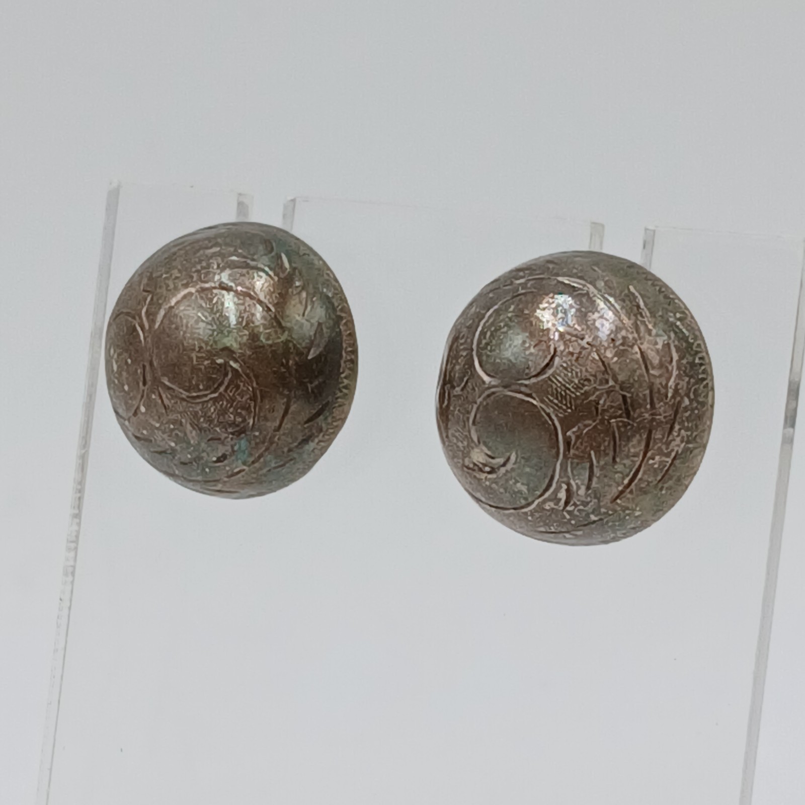 VTG 925 Dome Stud Earrings 0.5in Sterling Silver 3.85g Etched Swirl Estate READ