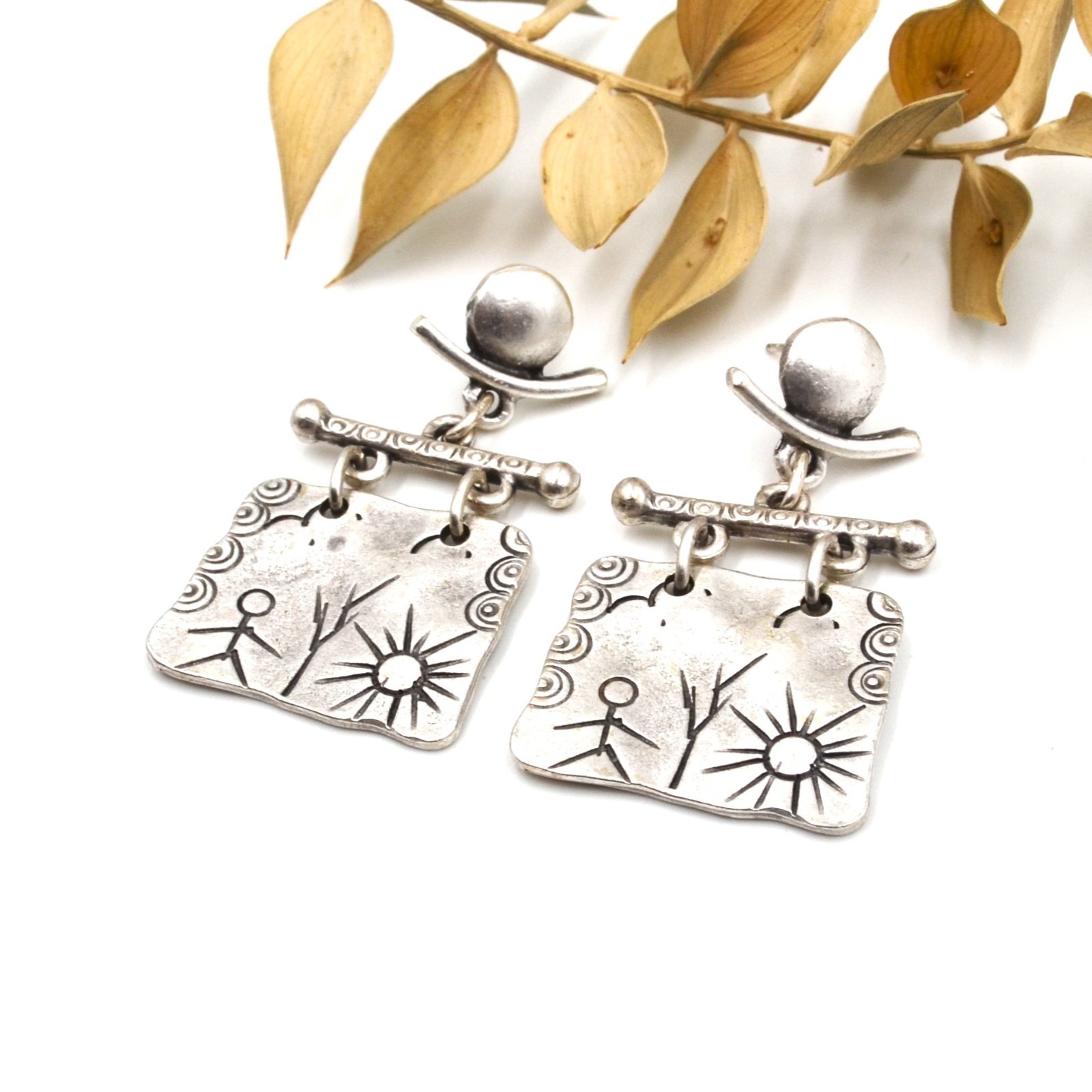 Lightweight Shamanic Silver Petroglyph Boho Dangle Stud Earrings Ancient