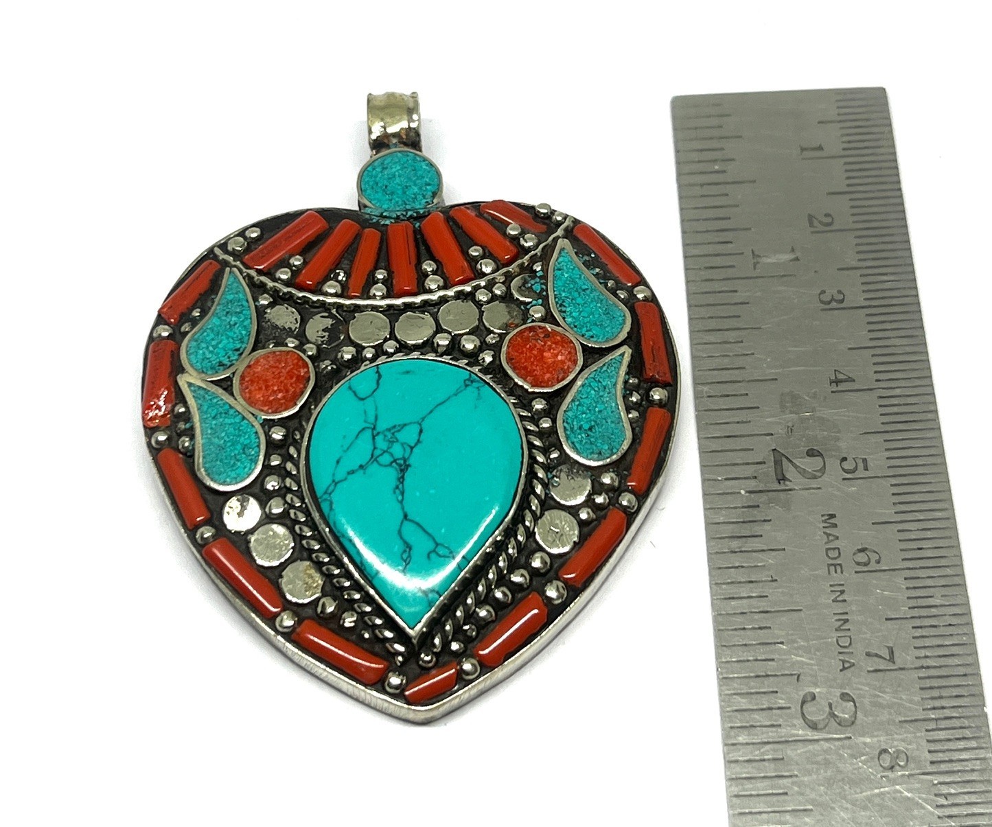 Ethnic Red Coral Turquoise Gemstone Tibetan Style Pendant Jewelry, 2.9 inch
