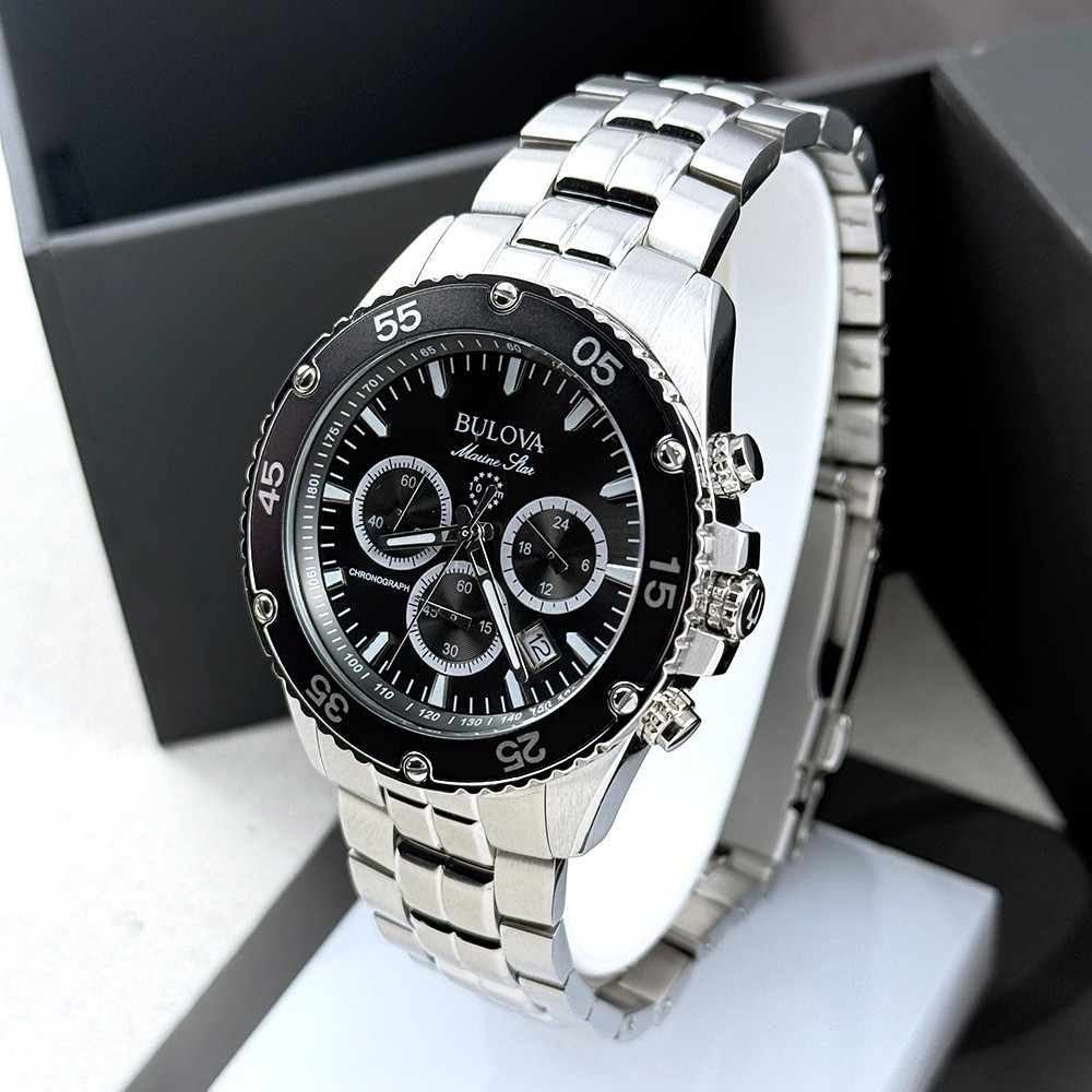 Bulova Men’s Marine Star 98B401 Chronograph Gray Dial Steel Quartz Watch 41.5mm