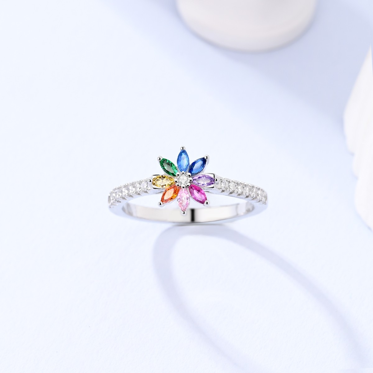 LAZA Original 925 Sterling Silver Ring CZ Hope Rainbow Flowers for Women Jewelry