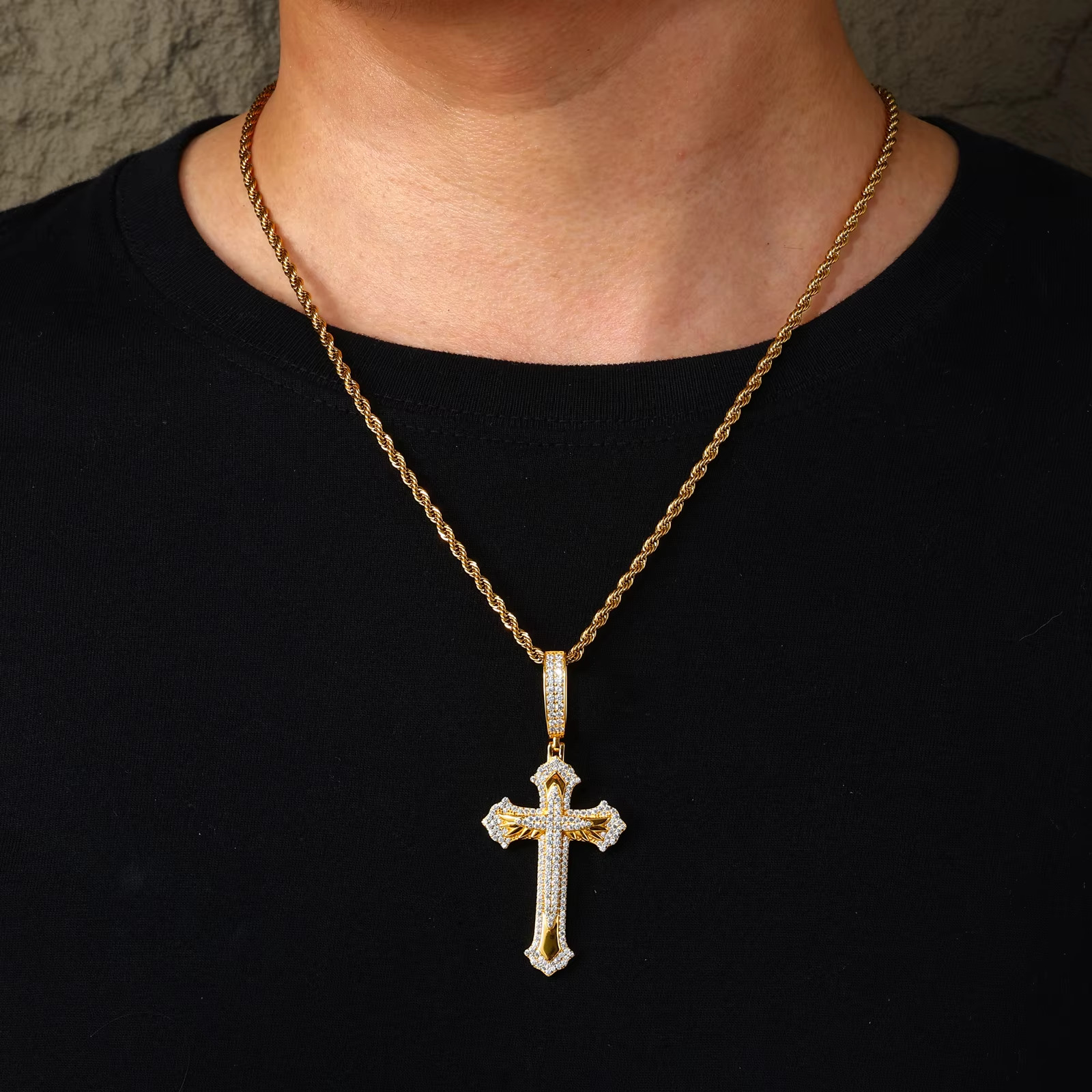925 Sterling Silver VVS Moissanite Cross Pendant Iced Out 14k Yellow Gold Plated