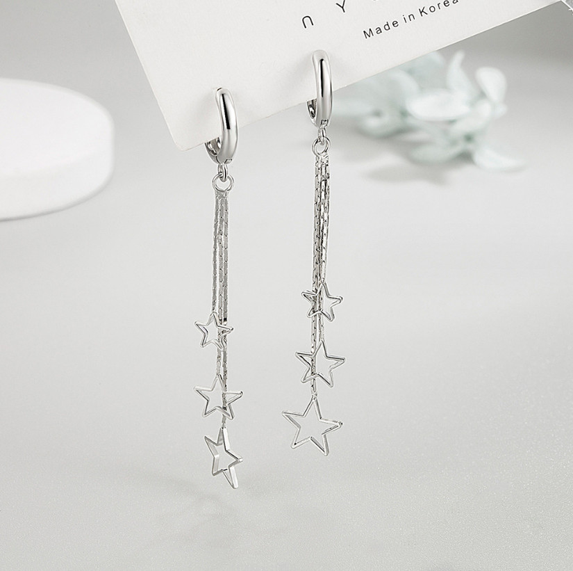 925 Sterling Silver Plated Dangle Tassel Star Huggie Hoop Earrings Women TH3