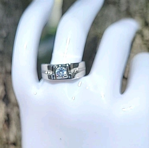 Mens Solitaire Ring White Gold EP 1 CT Simulated Diamonds (pinky)