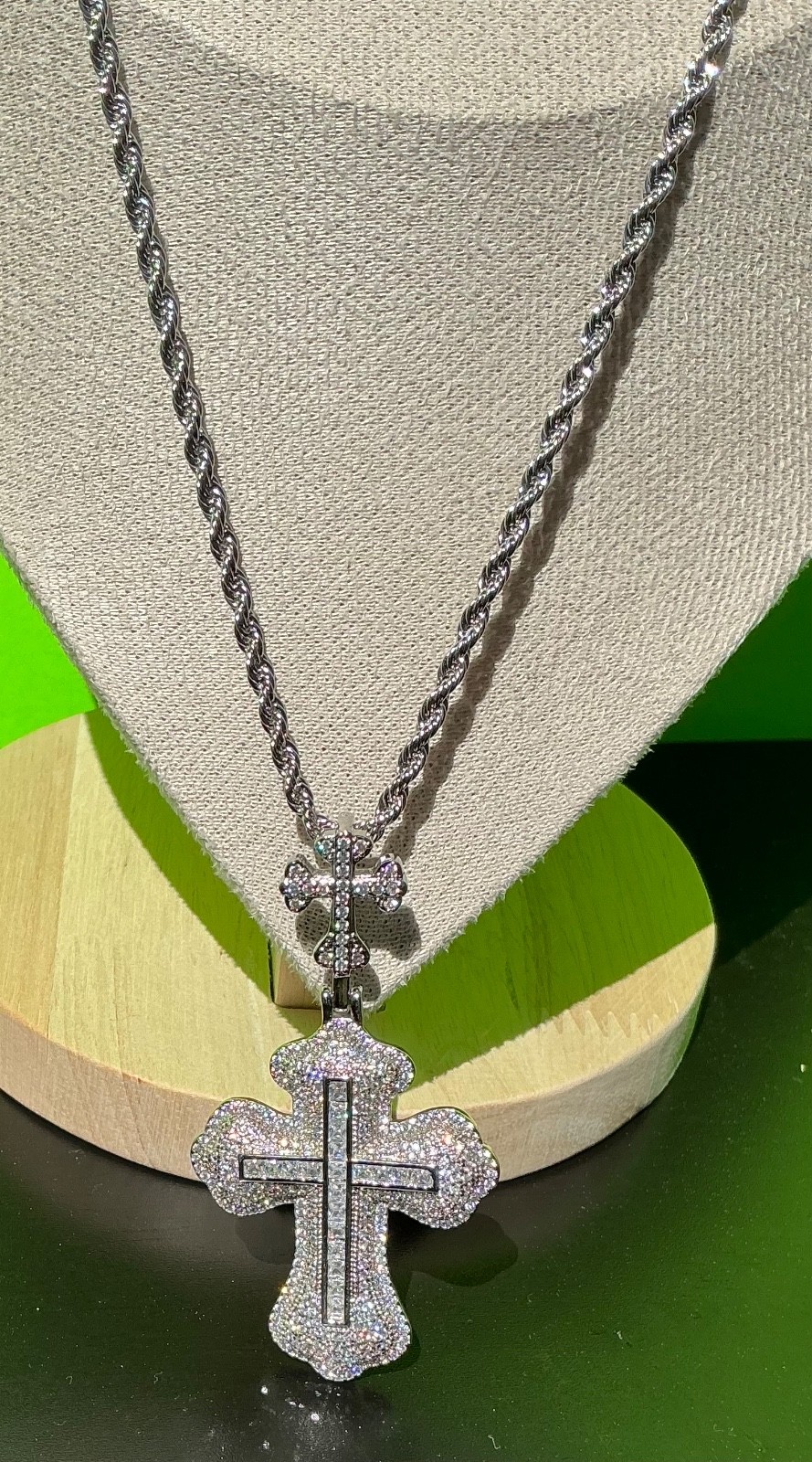 New Men Women White Gold Tone Cross CZ Chain Necklace Hip Hop Rap Fire Bling