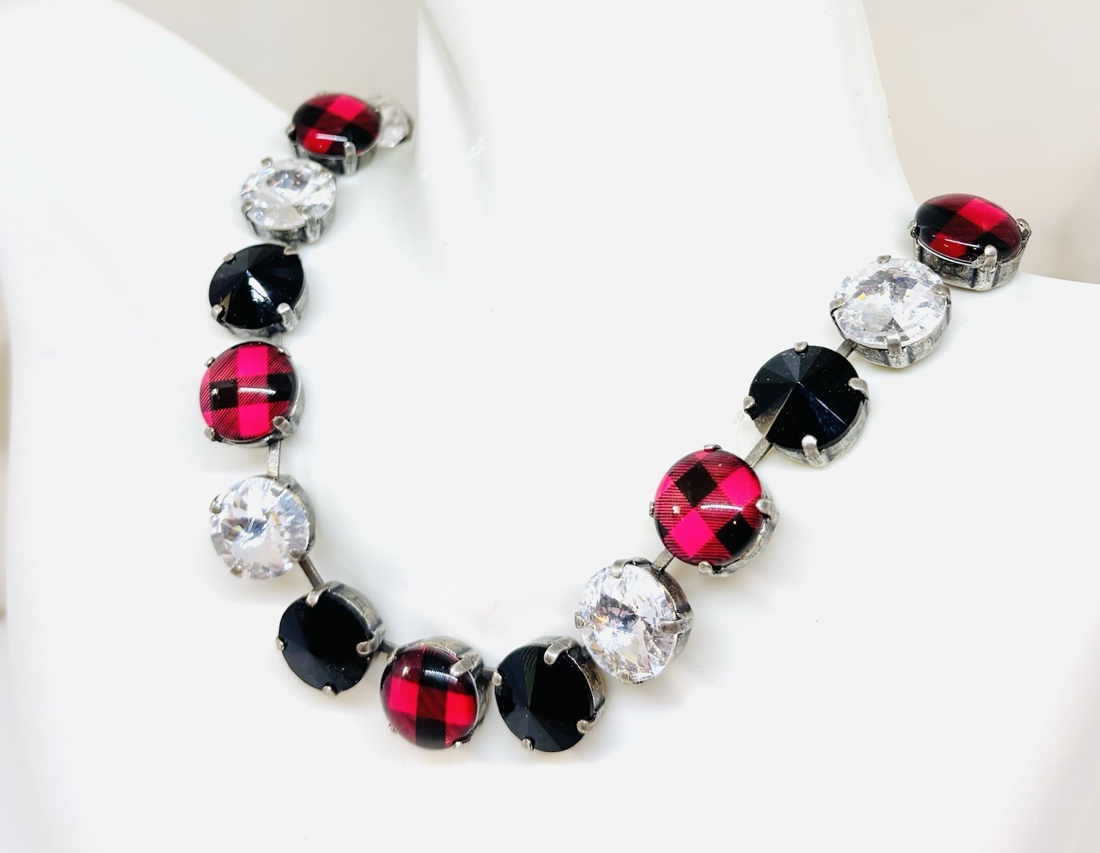 Red Plaid Cup Chain Statement Necklace made with Jet Black Austrian Crystals