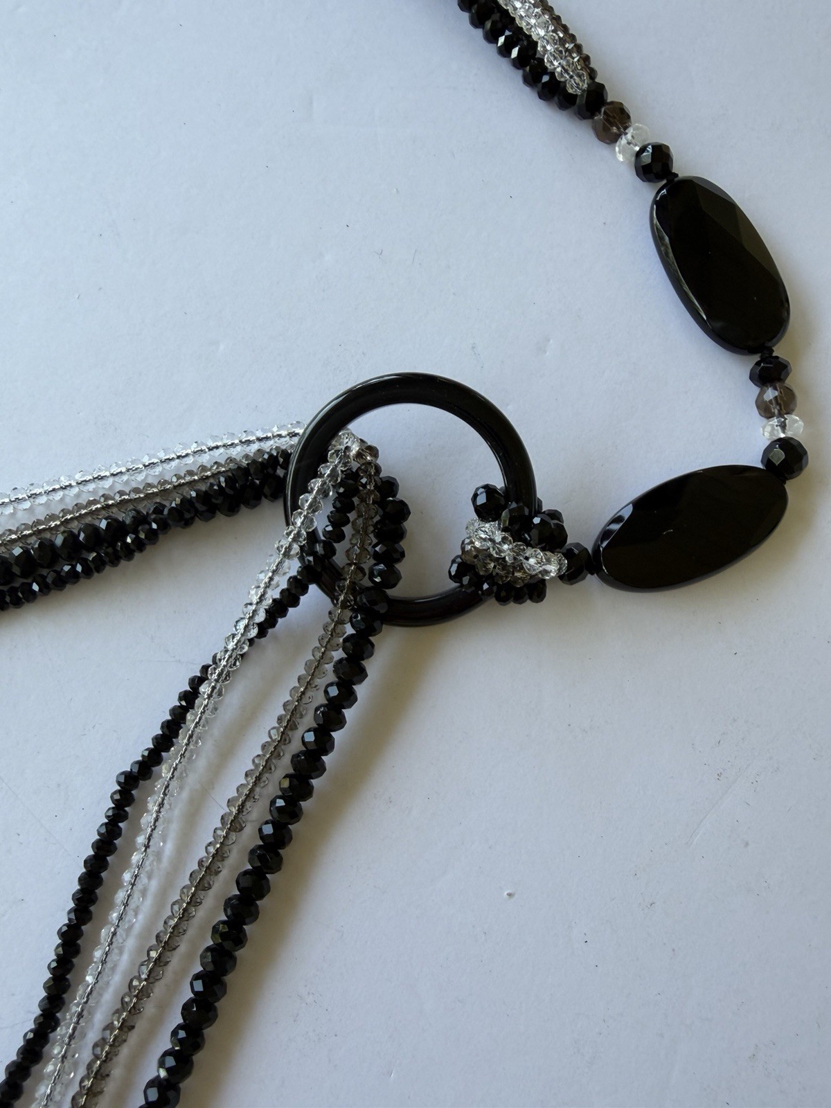 Black Onyx W/ Gold, Clear & Black Glass In 32” Lariat Necklace Adjustable