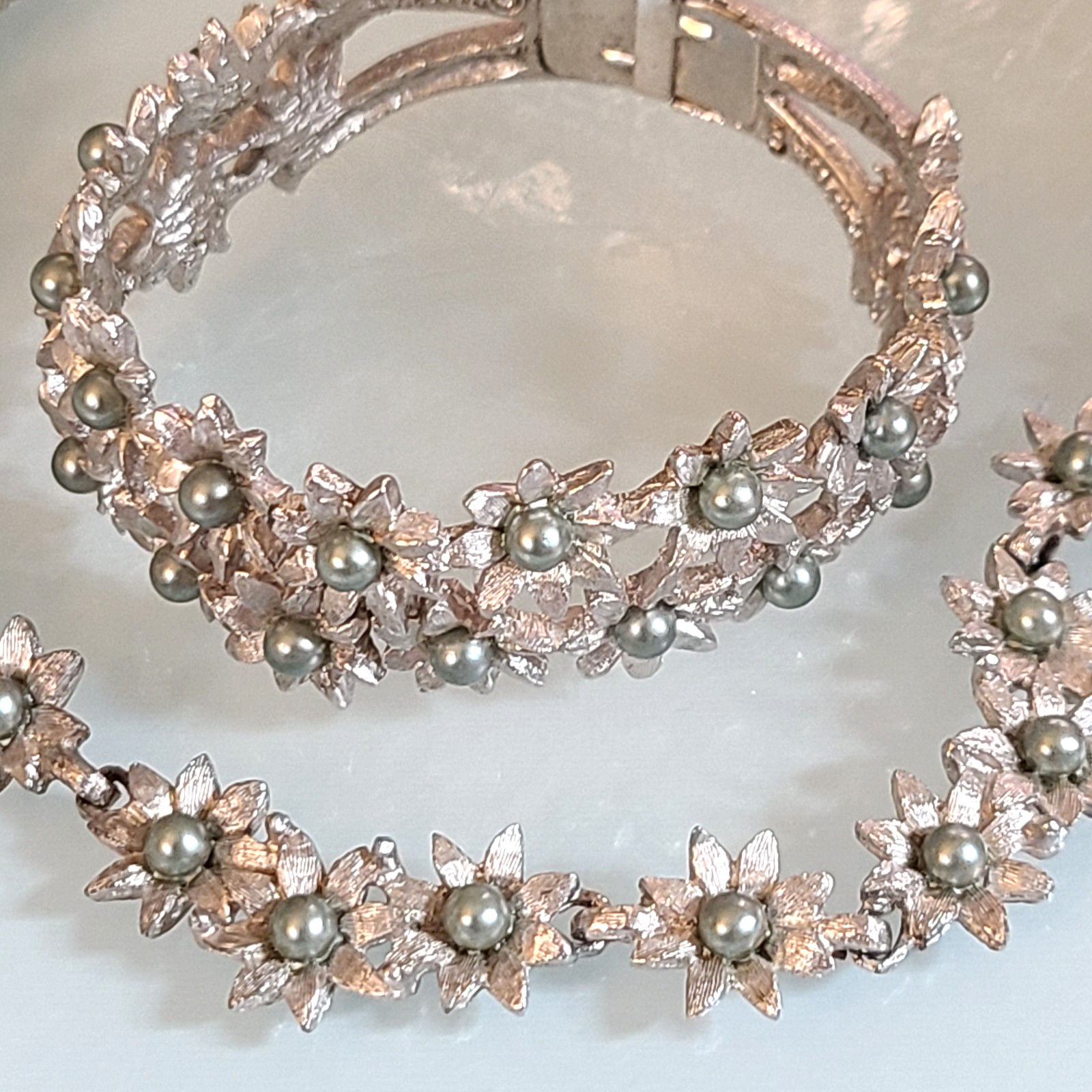 Vintage Marboux BOUCHER Floral Clamper Bracelet Necklace Set Grey Green Pearl