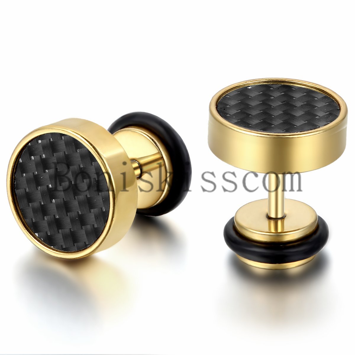 Men’s Women’s Stainless Steel Carbon Fiber 8mm Round Barbell Stud Earrings 2Pcs