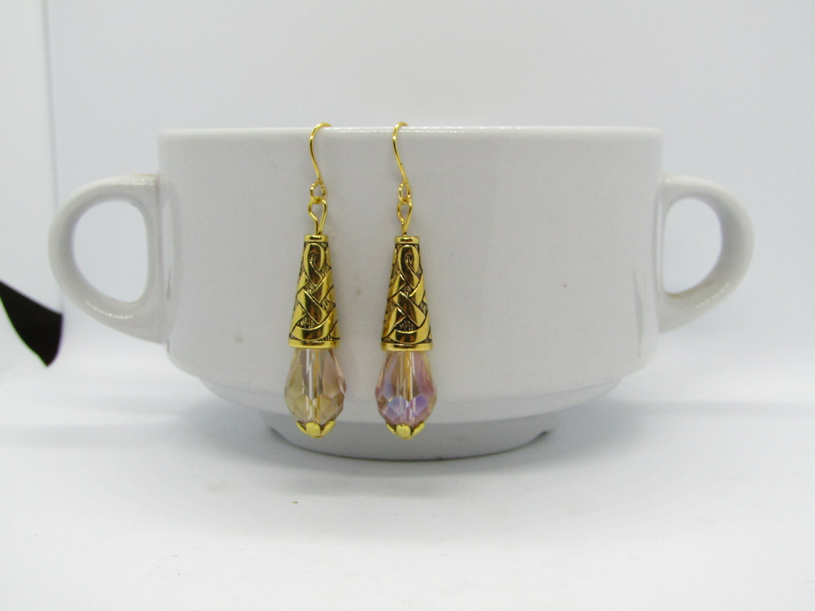 Artisan Made, Beige AB Teardrop Crystal Gold Dangle Earrings, Fashion Earrings