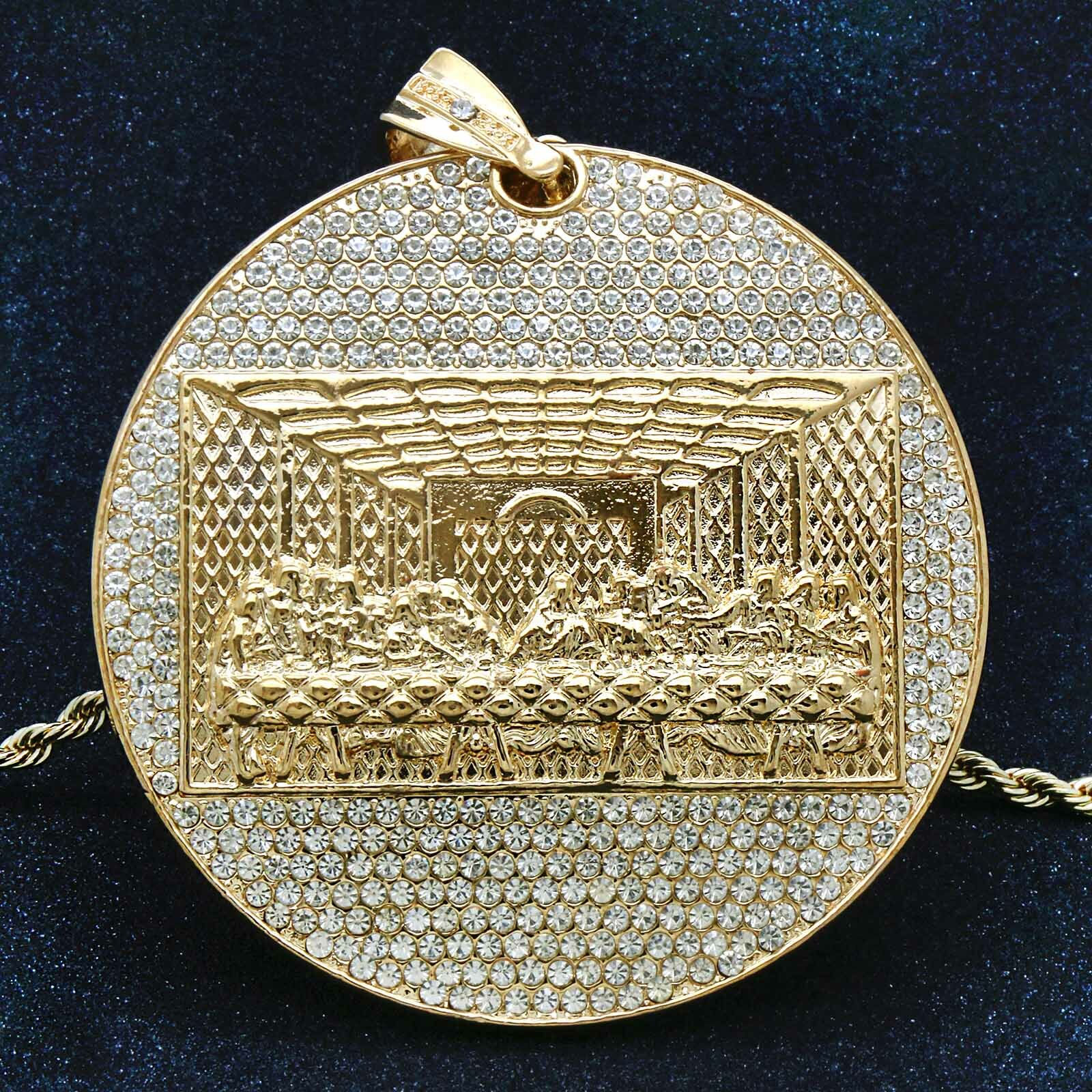 14k Gold Plated ” Huge LAST SUPPER” Pendant Cubic Zirconia 30″ Rope Chain