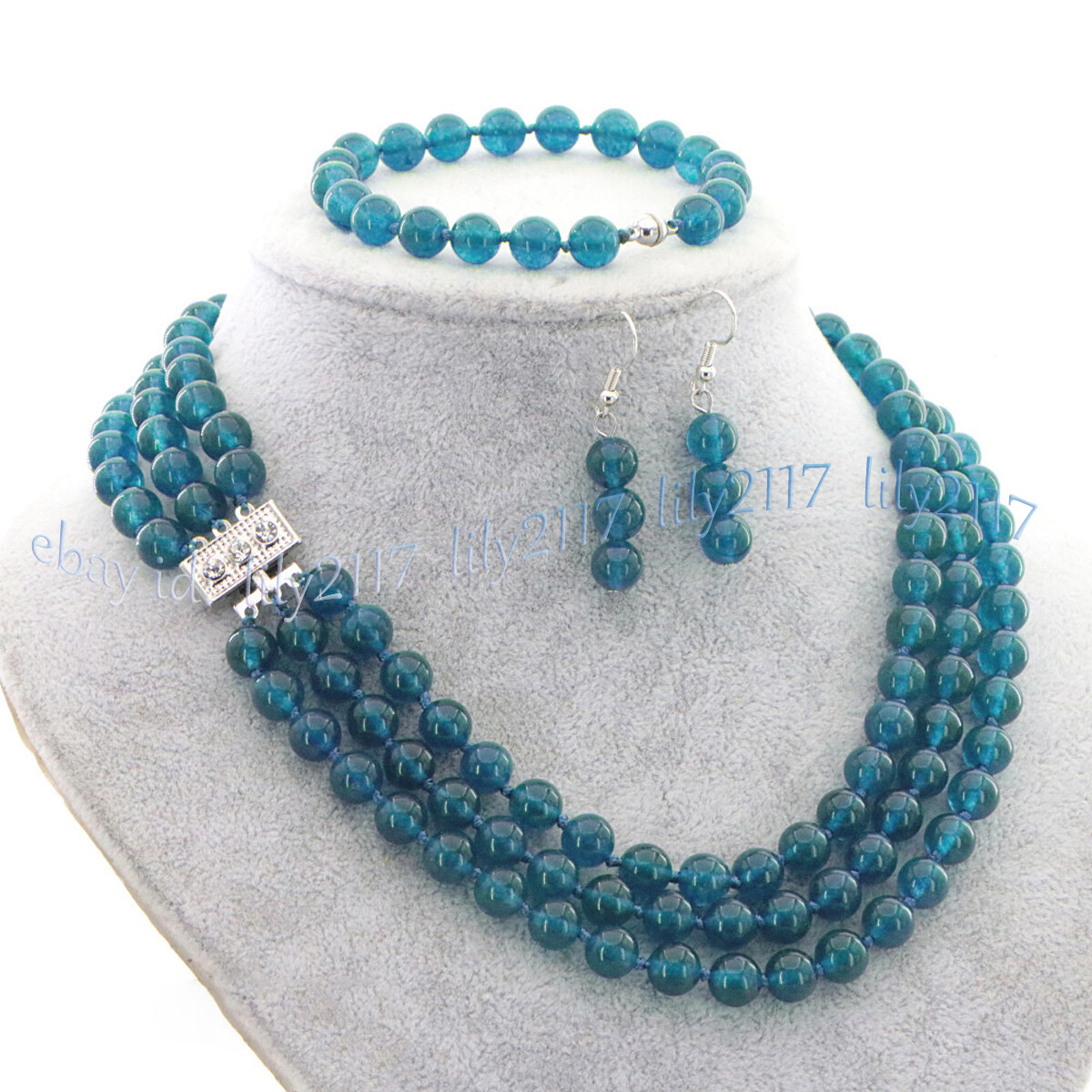 3 Rows Natural Multicolor Jade Round Gems Necklace Bracelet Earrings Jewelry Set