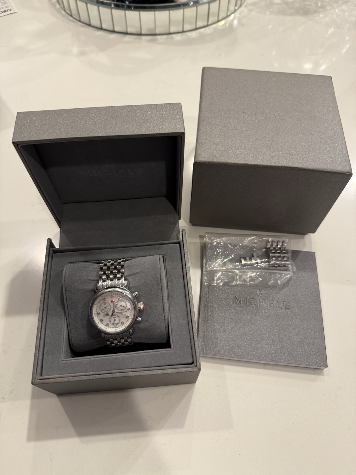 MICHELE CSX Diamond Chronograph Quartz Watch Diamond Markers MOP Dial Box