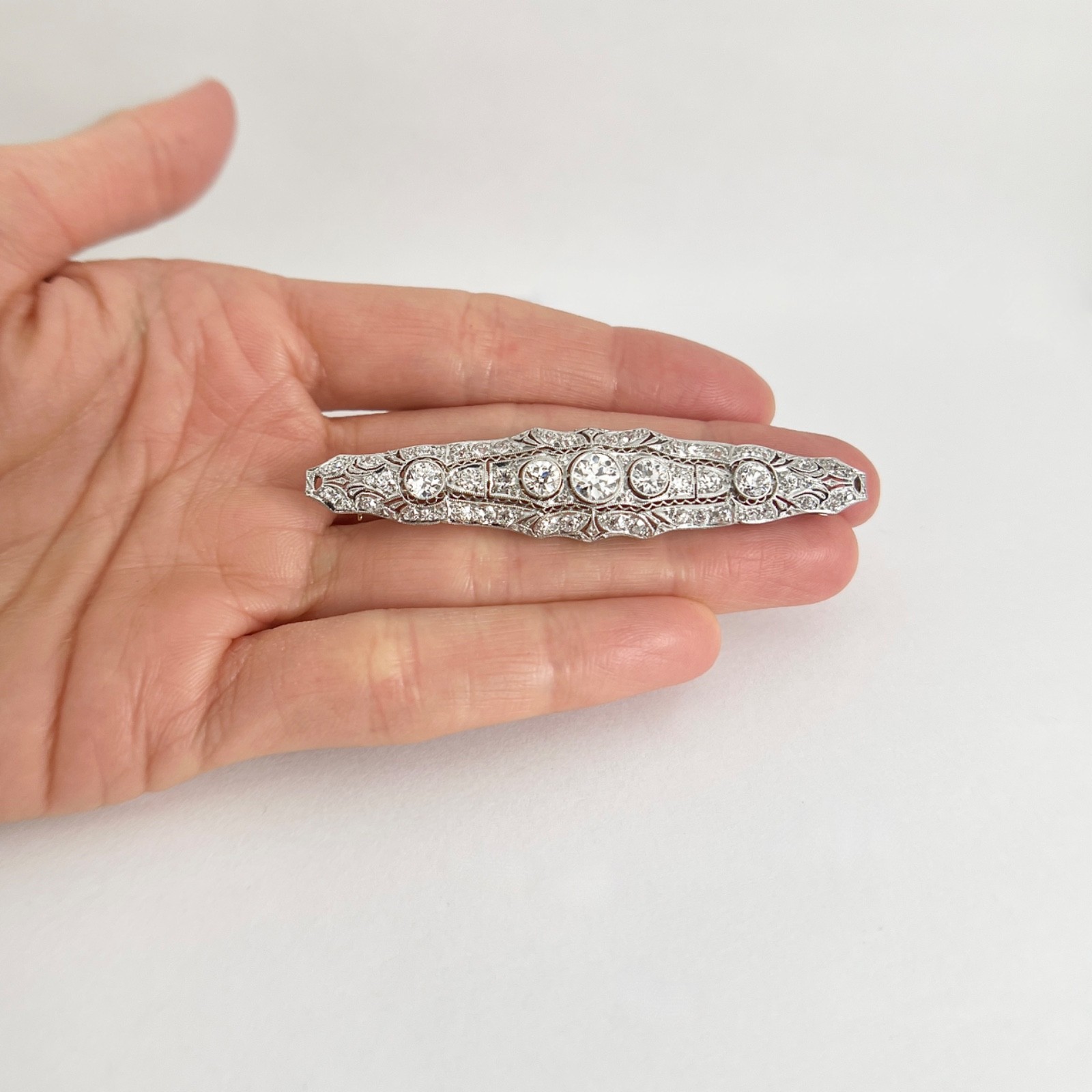 Antique Edwardian Long Filigree Diamond Brooch Pin Platinum, 10.23 Grams