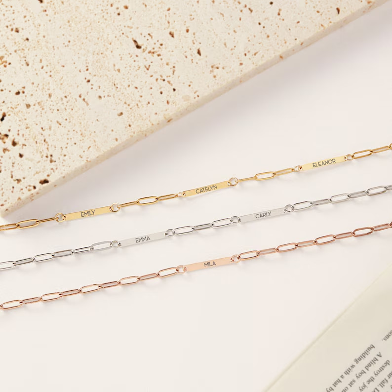 Minimalist 18″ Custom Name Bar Necklace for her 14K Gold Plated Sterling Silver