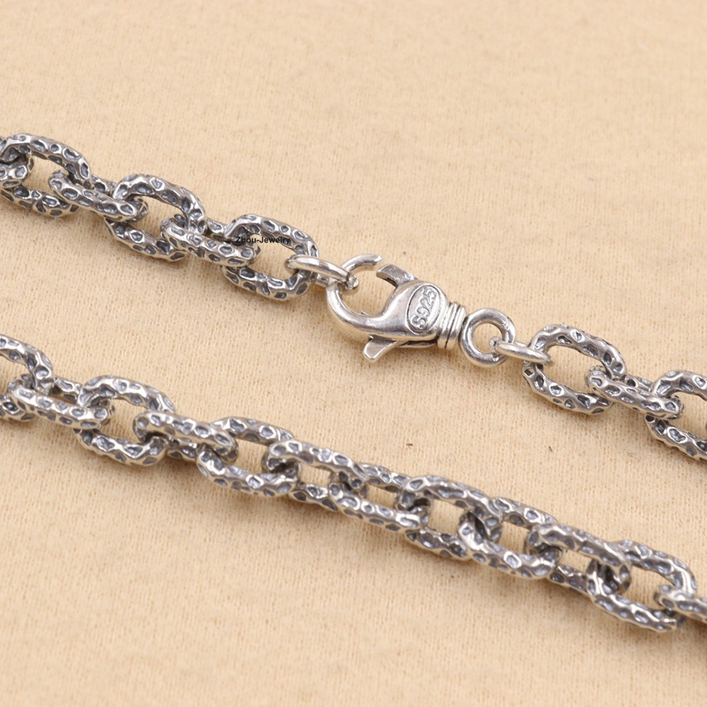 Real 925 Sterling Silver 6.5mm Hammered Cable Chain Necklace 21.6″L Jewelry Gift