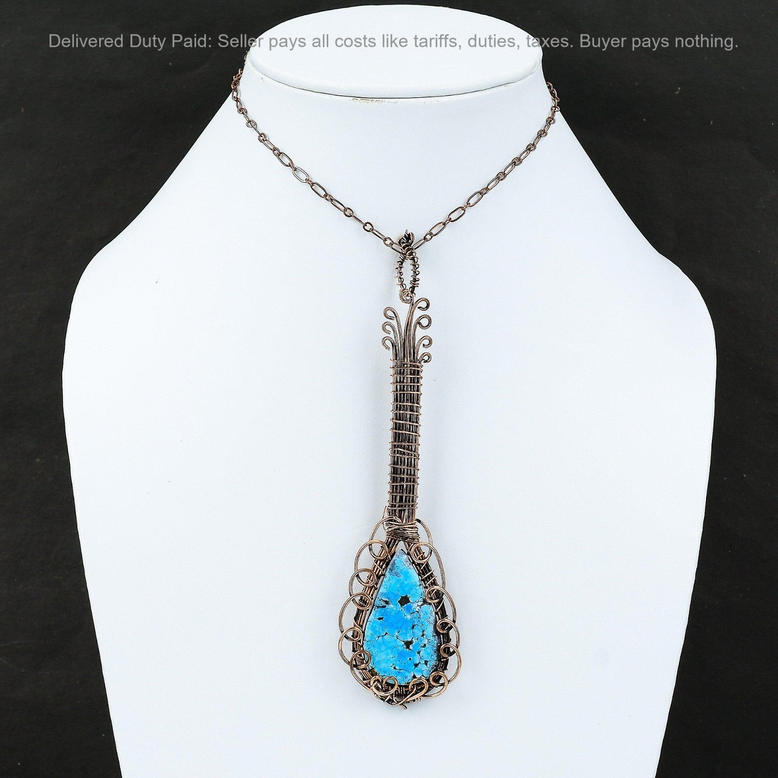 Pear Tibetan Turquoise Stone Copper Wire Wrapped Guitar Throat Chakra Pendant