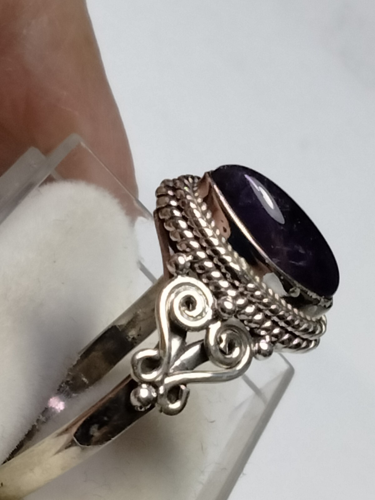 NATURAL AMETHYST IN TRENDY FILIGREE&HALO SET STL. SILVER.925 RING SIZE 9.0-9.25!