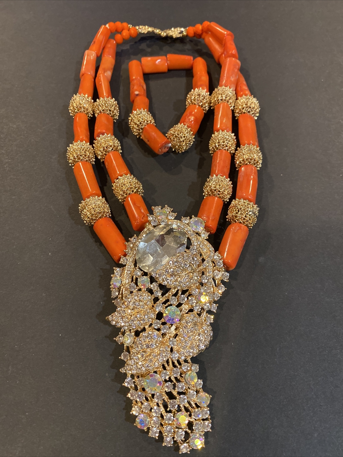 Gorgeous GOLD TONE Genuine Coral Rhinstones Two Strands Necklace Bracelet Set