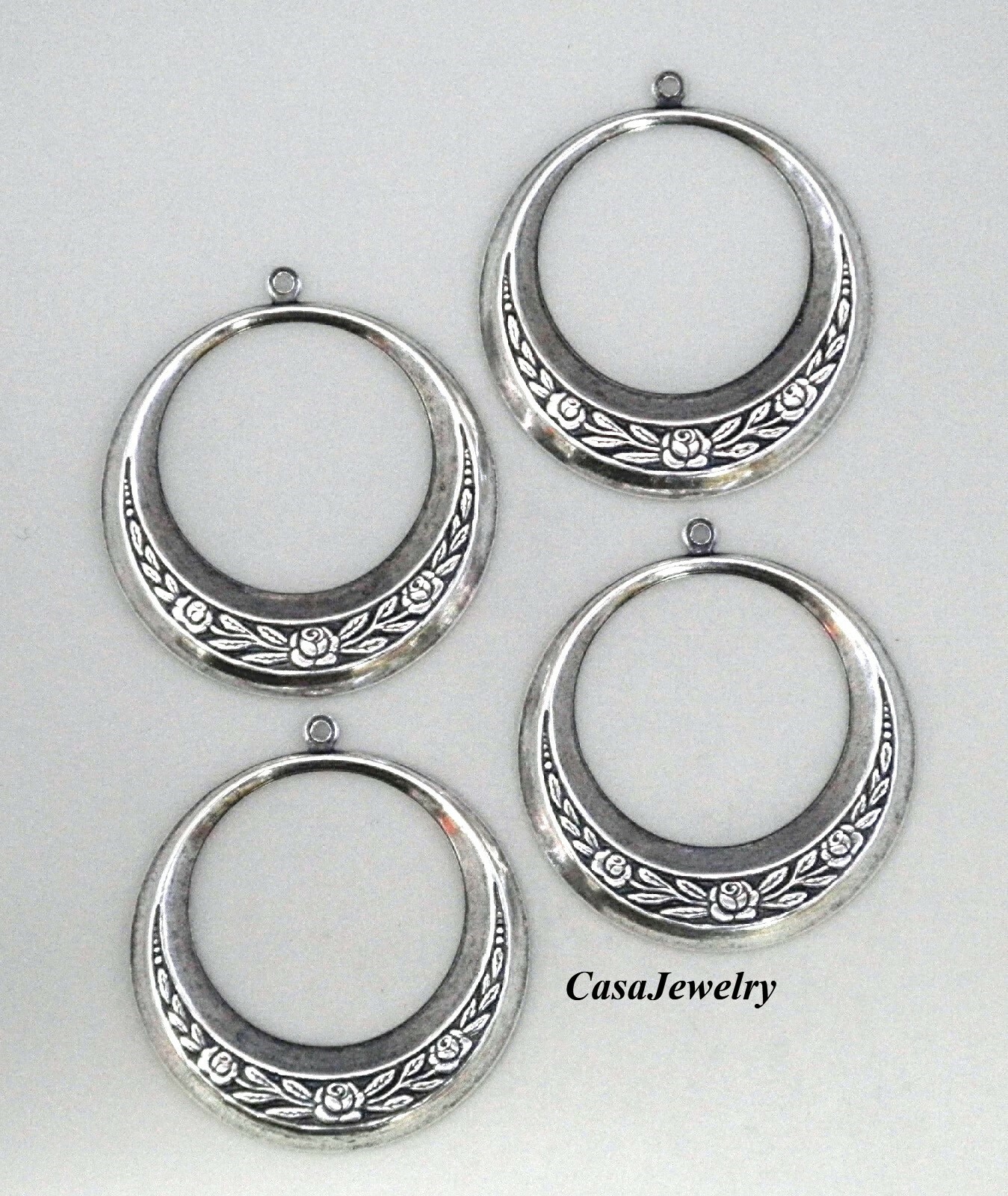#0023 ANTIQUED STERLING SILVER PLATED FLORAL DECORATED HOOP W/HANG RING – 4 Pcs