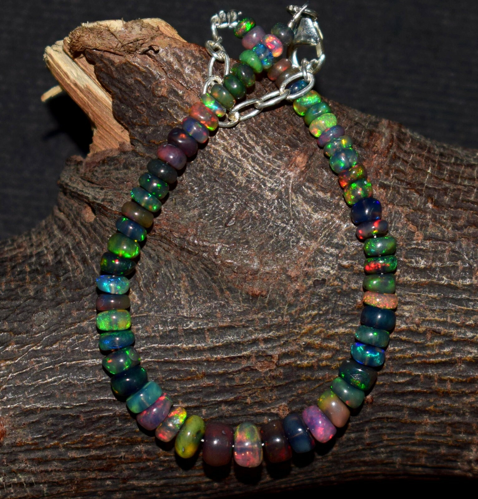 Solid 925 Sterling Silver Natural Ethiopian Opal Gemstone Beads 7″Bracelet F0364