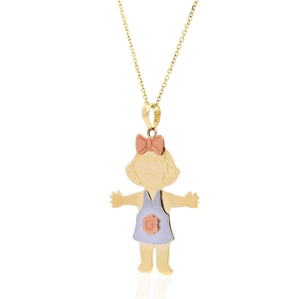 14k Tri-Color Gold Textured Girl KidsPendant Cable Chain Necklace 16″-18″