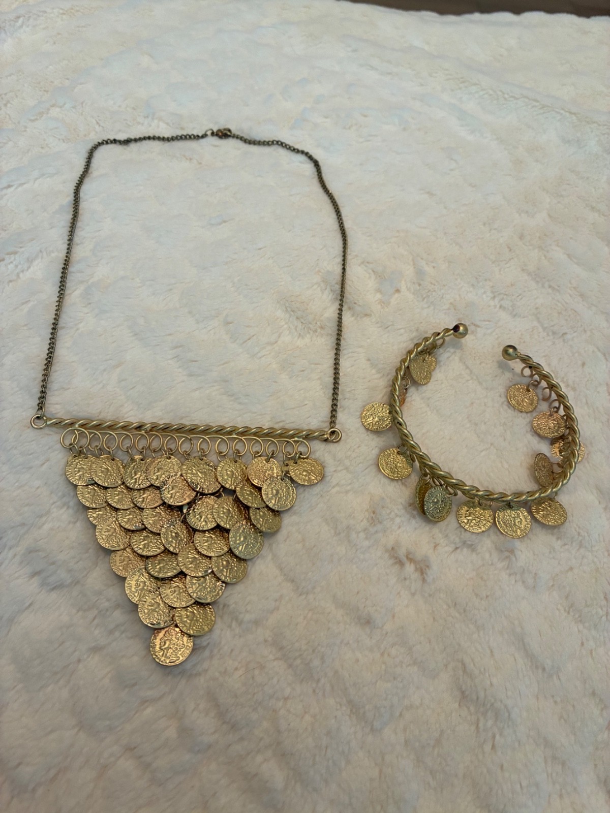 Roman Style Gold Tone Dangling Coin Bib Bar Costume Necklace & Armband