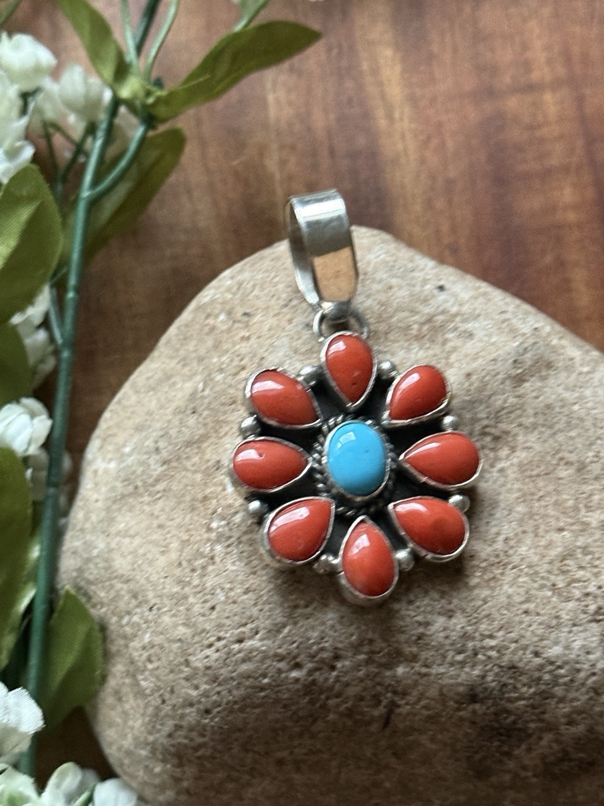 Navajo Sterling Silver Red Coral Turquoise Cluster Pendant LY